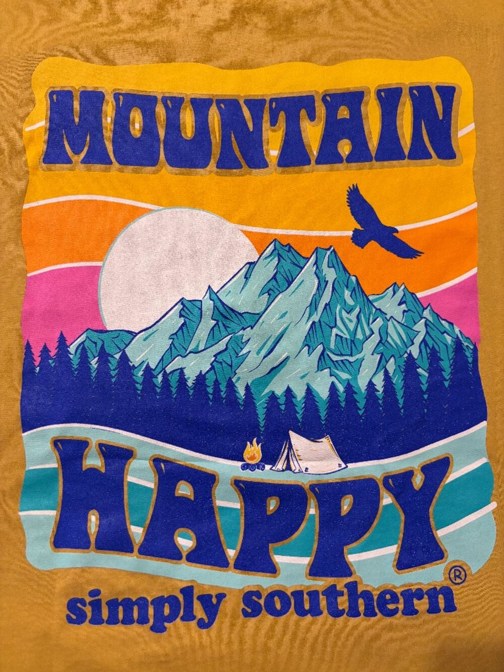NWT Simply Southern Mountain Happy T-Shirt Medium Mustard Yellow Graphic Tee